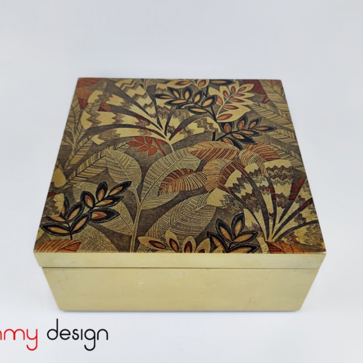 Gold square lacquer box with leaf pattern 20*H9 cm 